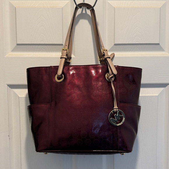 Michael Kors Burgundy Patent Leather Monogram Tote Bag - Picture 1 of 15